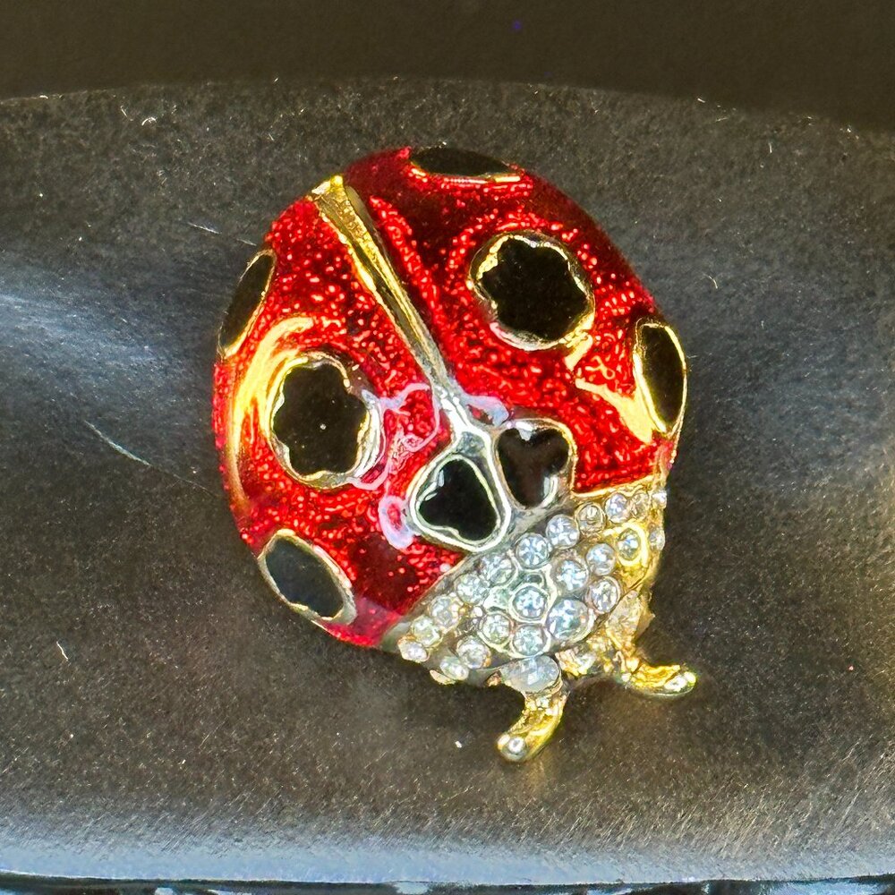 Vintage Gold Tone Ladybug Rhinestone Black White Red Brooch Pin Enamel